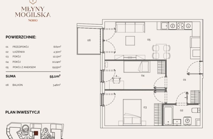 Jasny apartament z balkonem | Młyny Mogilska